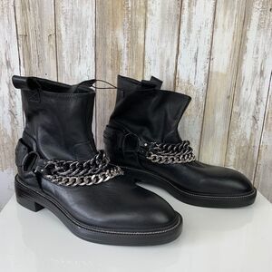 ZARA Womens Black Leather Ankle Combat Boots With Chains Size 36 6 NWT